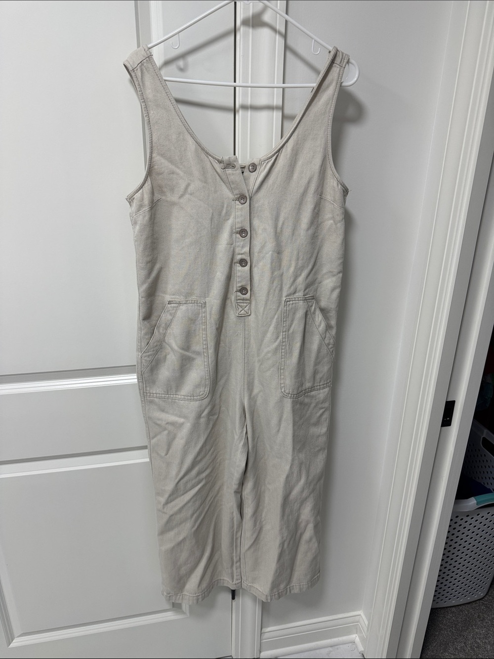Rewash Neutral Beige Button-Front Utility Jumpsuit